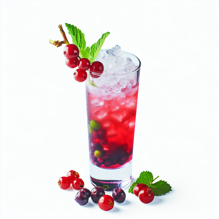 Tall glass of berry mocktail using Freez raspberry drink with ice and fresh berries