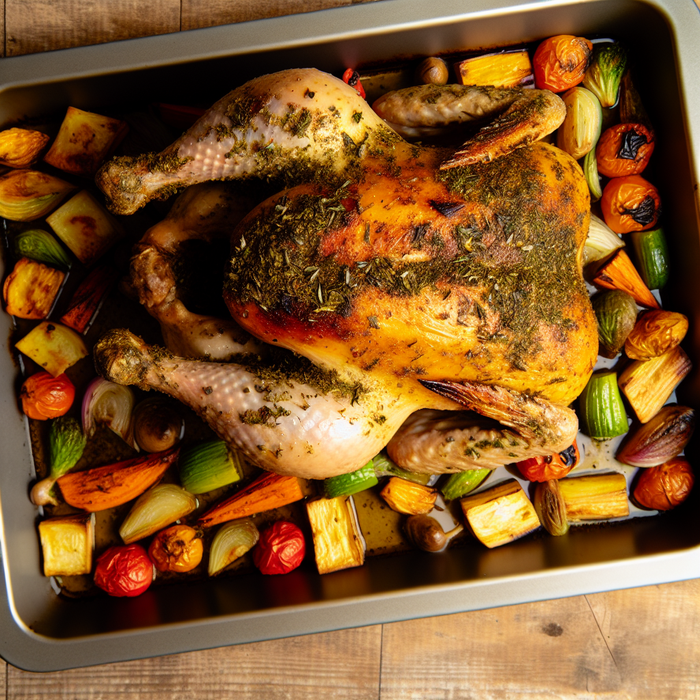 Roast chicken coated in zaatar with vegetables in a roasting tray