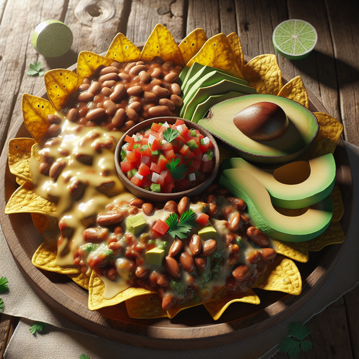 Golden plantain chips topped with salsa, beans, and avocado on a rustic serving tray