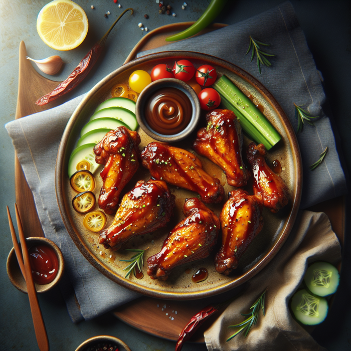 Glazed BBQ chicken wings with herbs on ceramic plate in natural light