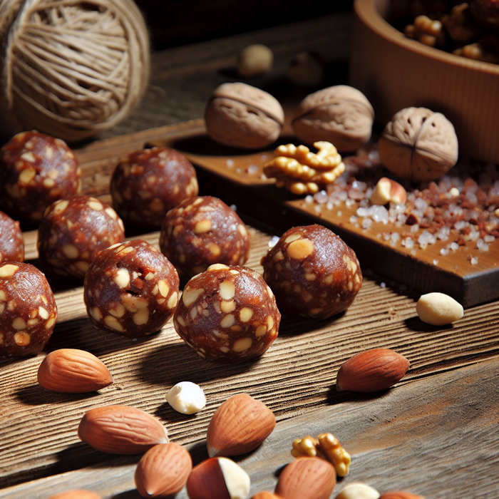 Date and nut energy balls arranged on a wooden board with nuts
