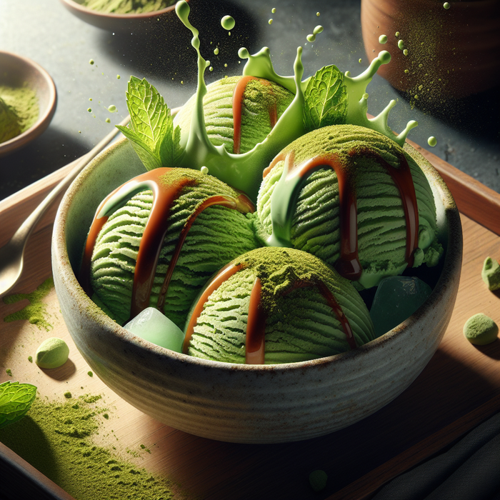 Scoops of green tea ice cream in a bowl with matcha powder and fresh mint leaves
