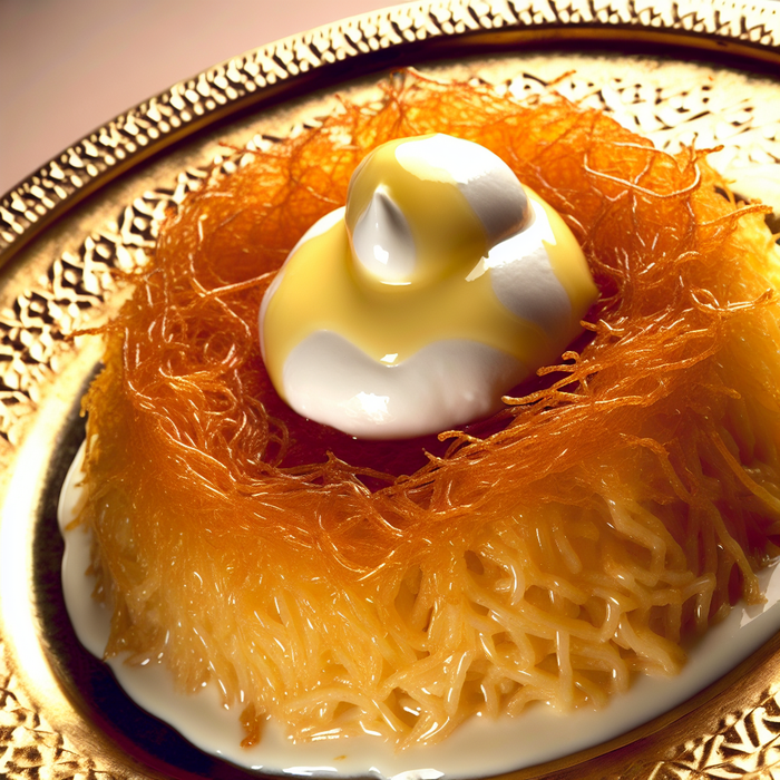 Golden-brown künefe with clotted cream melting on top, served on a brass plate