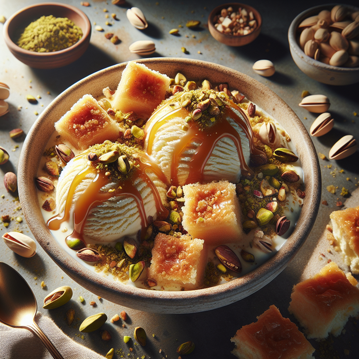 Vanilla ice cream topped with baklawa pieces, pistachios, and caramel sauce