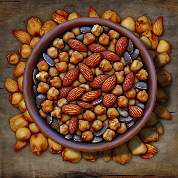 Bowl of roasted chickpeas and nuts seasoned with Middle Eastern spices