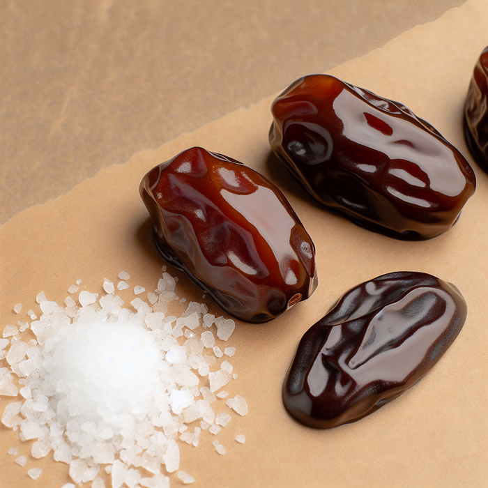 Chocolate-covered Medjoul dates with flaky sea salt on baking paper