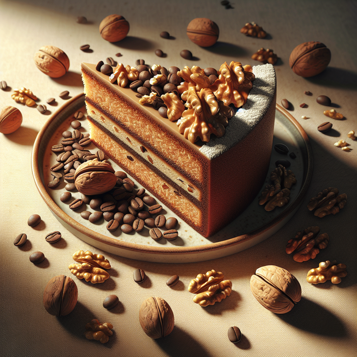Slice of coffee and walnut cake on a plate with scattered coffee beans and walnut halves