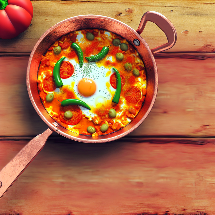 Menemen dish in copper skillet with eggs, tomato, and green peppers in a rustic breakfast setting
