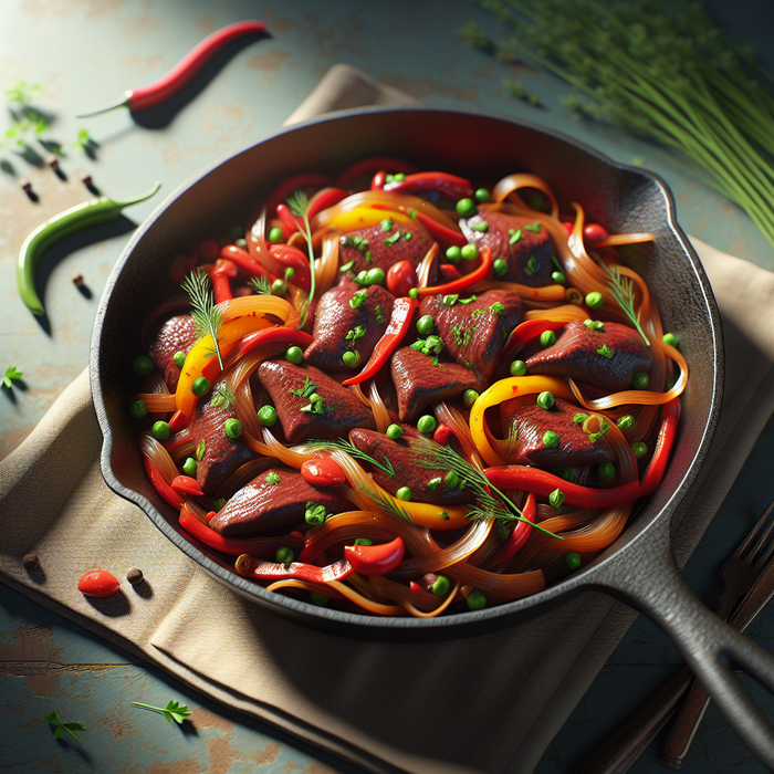 Spicy stir-fried halal beef liver with onions and peppers in a cast iron pan