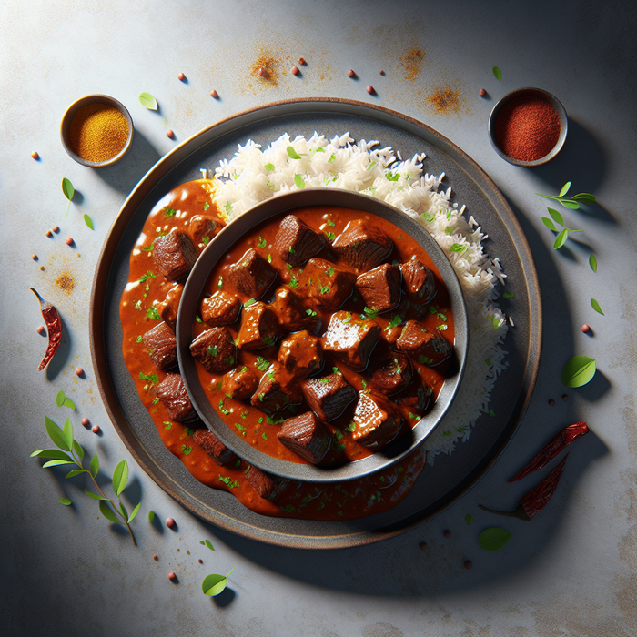 Chunks of halal beef topside in spiced curry sauce served with white rice