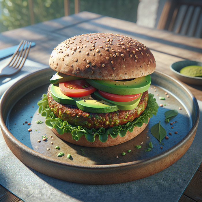 Plant-based veggie burger in a wholemeal bun with avocado and leafy greens on a plate