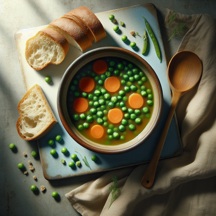 Hearty vegetable soup with peas and carrots in a ceramic bowl, served with crusty bread