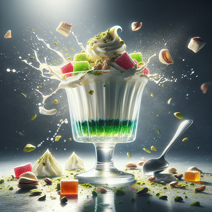 Glass cups layered with whipped cream, diced lokum and sprinkled pistachios