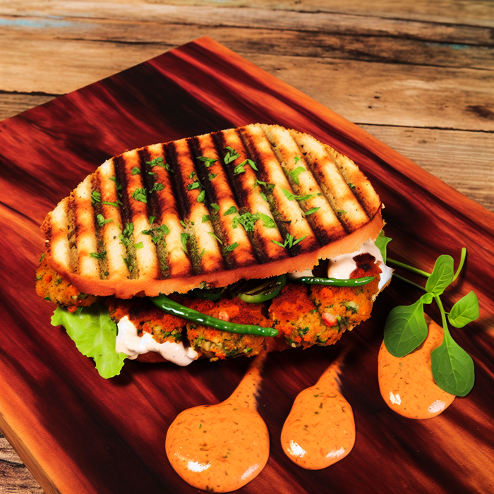 Grilled falafel sandwich with spicy harissa mayo and fresh herbs on wooden board
