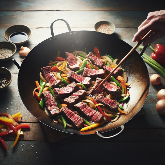 Sliced halal beef sirloin stir-fried with colourful vegetables in a glossy soy sauce