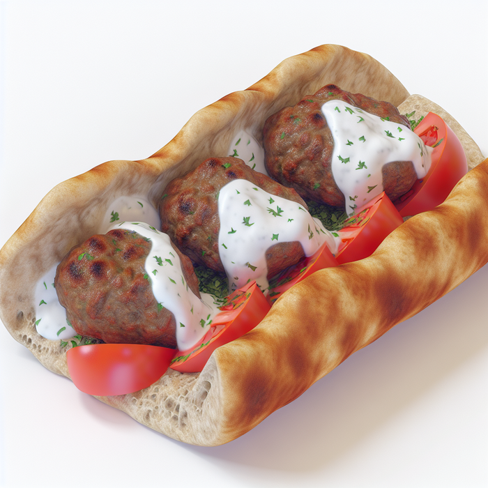 Lamb kofta wrapped in Turkish bread with sauces and fresh herbs