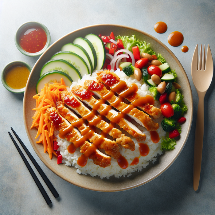 Bowl of steamed rice topped with halal chicken strips and colourful vegetables