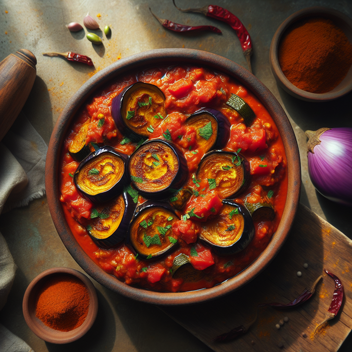 Baby aubergine curry in a rustic bowl with rich tomato gravy and garnished with coriander