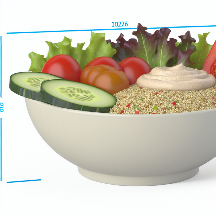 Falafel served in a bowl with greens, tomatoes, cucumber, hummus and quinoa