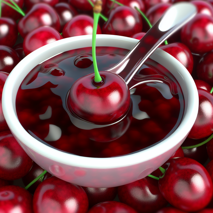 A bowl of deep red sour cherry sauce with fresh cherries on the side.