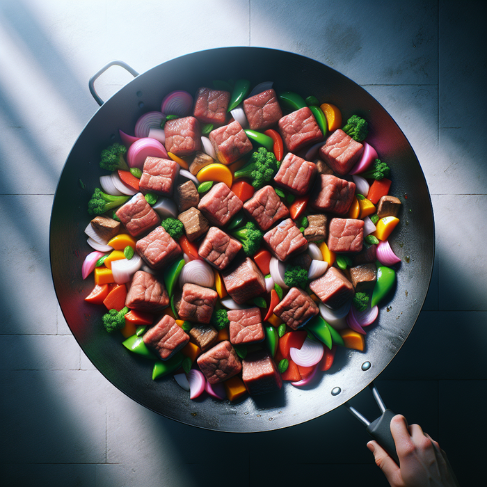 Halal meat cubes stir-fried with peppers, onions, and broccoli in a wok