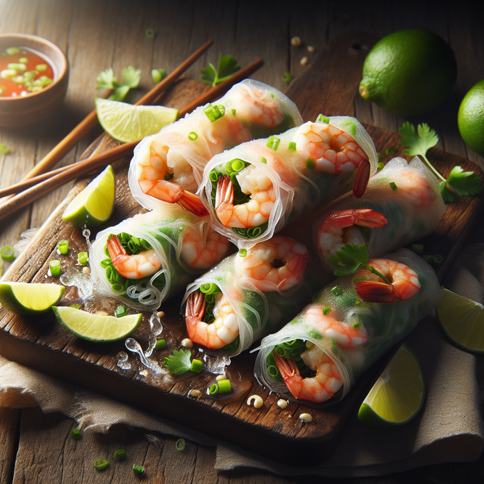 Spring rolls filled with prawns and glass noodles sliced open to reveal the filling