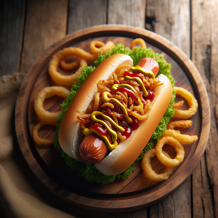 Halal hot dog in a soft bun topped with fried onions, mustard, and ketchup on a rustic wooden plate