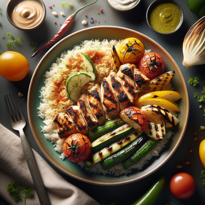 Grilled chicken shish taouk served in a bowl over rice with vegetables and tahini sauce