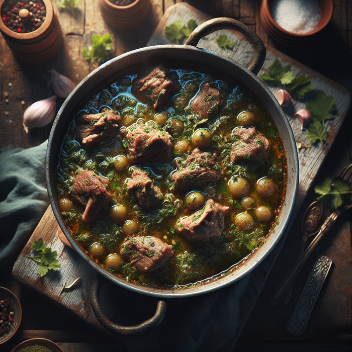 Molokhia and lamb stew in a pot with rich broth and visible herbs