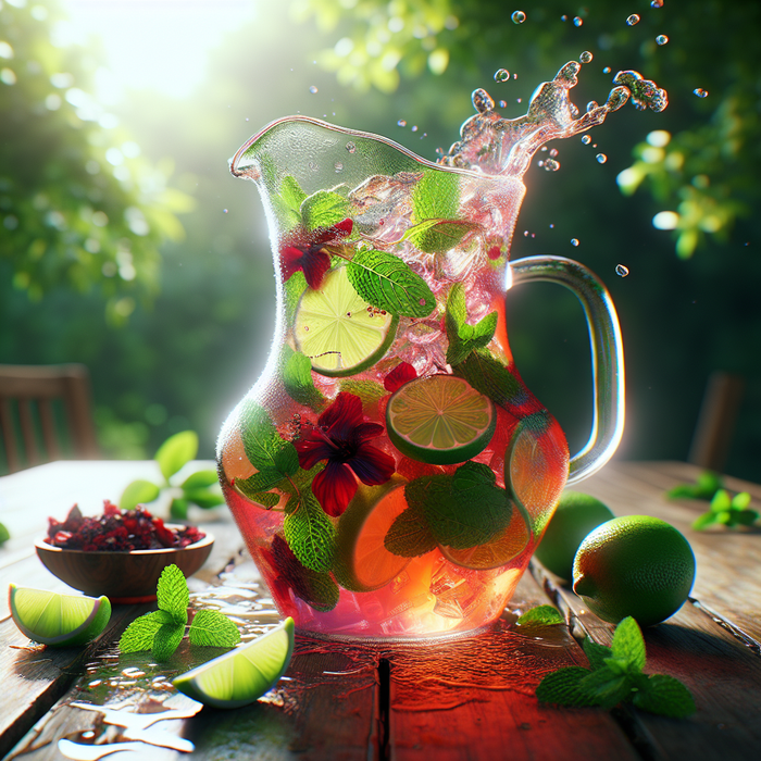 A glass pitcher of iced hibiscus tea with mint, lime slices, and fresh herbs on a garden table