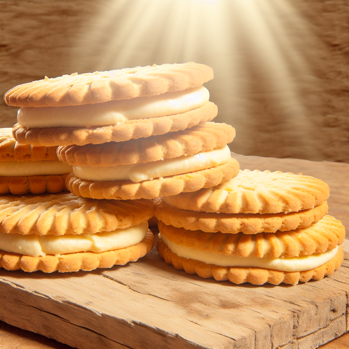 Almond biscuit sandwiches with creamy icing on a rustic wooden board.