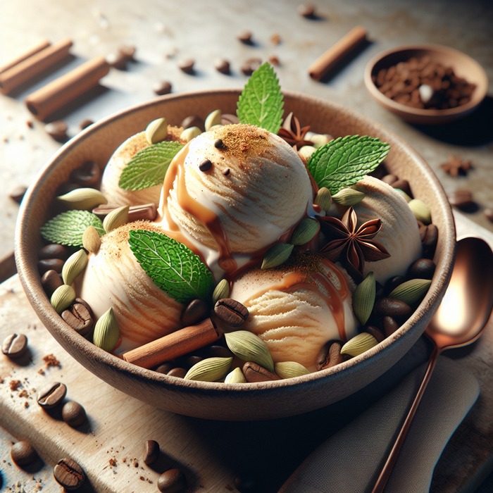 Bowl of creamy Arabic coffee and cardamom ice cream garnished with fresh mint