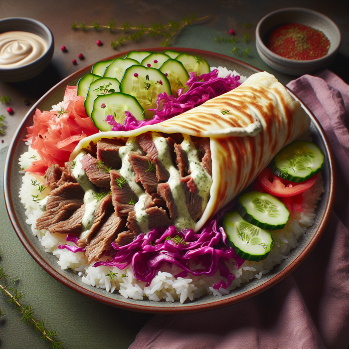 Shawarma beef in a rice bowl with colourful pickled vegetables and tahini sauce drizzle