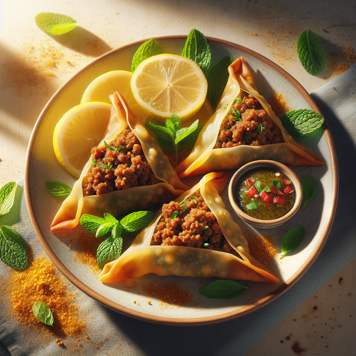 Crispy sambosas made from sambosa leaves filled with spiced minced lamb, garnished with mint