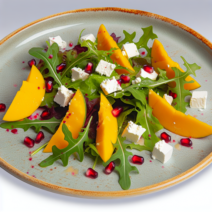 Salad with Egyptian mango, feta, rocket, and pomegranate on a rustic ceramic plate