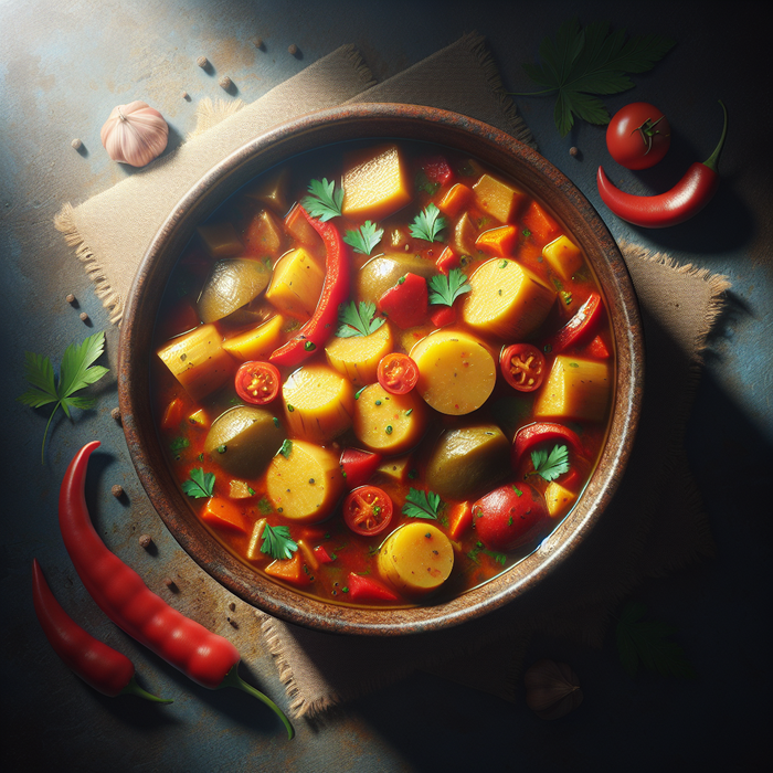 Caribbean-style colcasia stew with vegetables and herbs in a rich broth