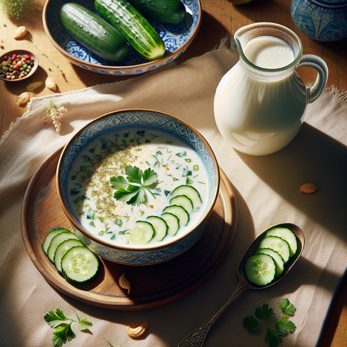 Chilled herb and cucumber soup served with a jug of Melis ayran