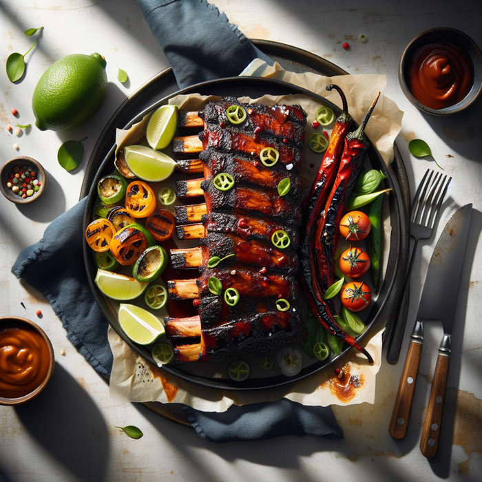 BBQ ribs with chipotle glaze and lime wedges, served alongside grilled vegetables on a rustic board