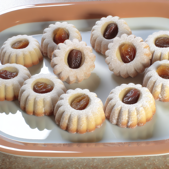 Maamoul biscuits filled with dates, dusted with icing sugar on a traditional tray