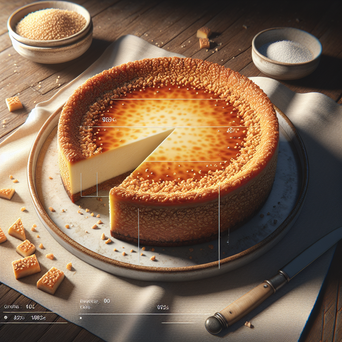 Cheesecake with a golden sesame cookie crust served on a white plate