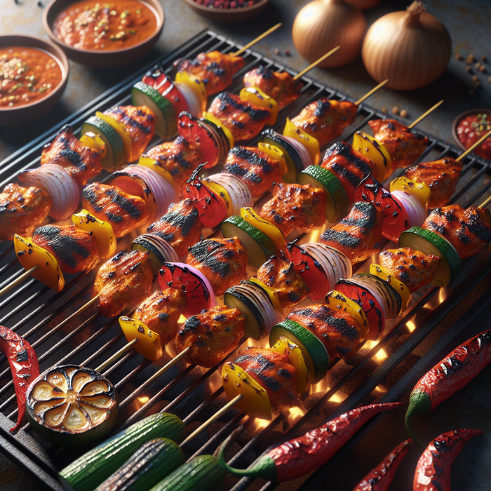 Spicy grilled halal chicken skewers with charred peppers and onions on a BBQ grill