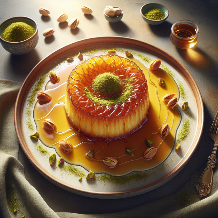 Cheese kunafa glazed with orange blossom syrup and topped with crushed pistachios