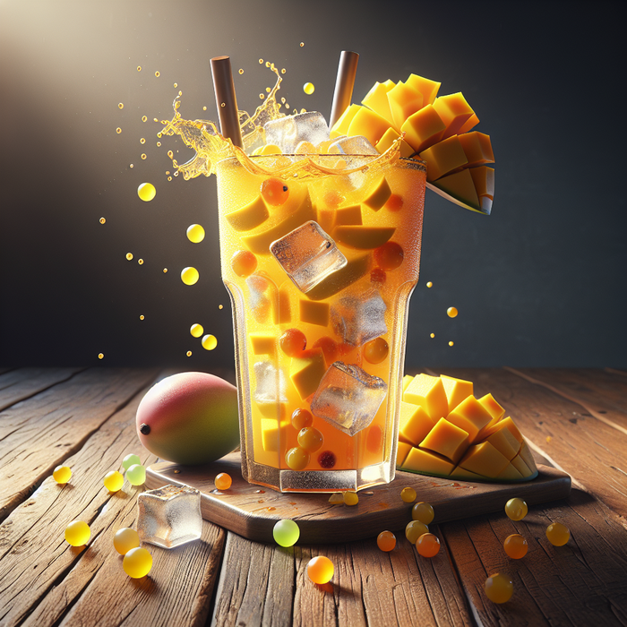 Iced mango tea with ice cubes, mango slices, and colourful popping boba in a tall glass