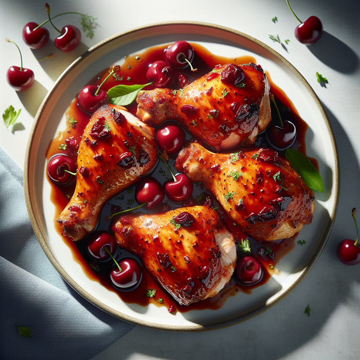 Roasted chicken thighs glazed in sour cherry sauce served with herbs
