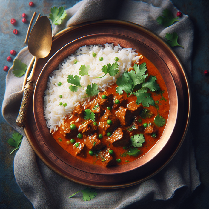 Spicy beef curry with rich sauce, served with rice and coriander garnish