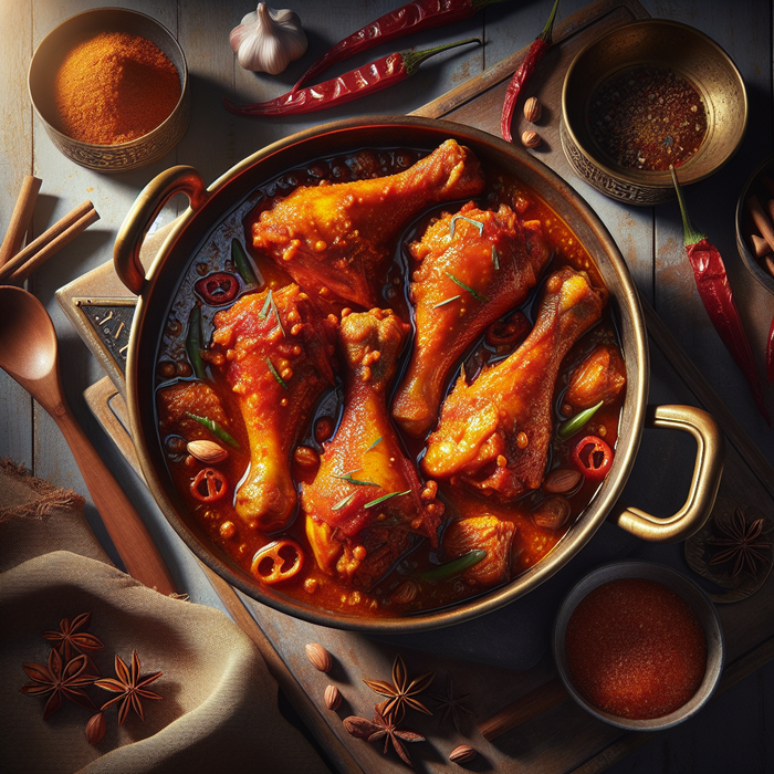 Spicy halal chicken legs in a thick curry sauce in a copper pot