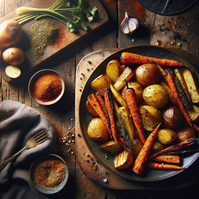 Roasted vegetables coated in za'atar seasoning on a baking tray