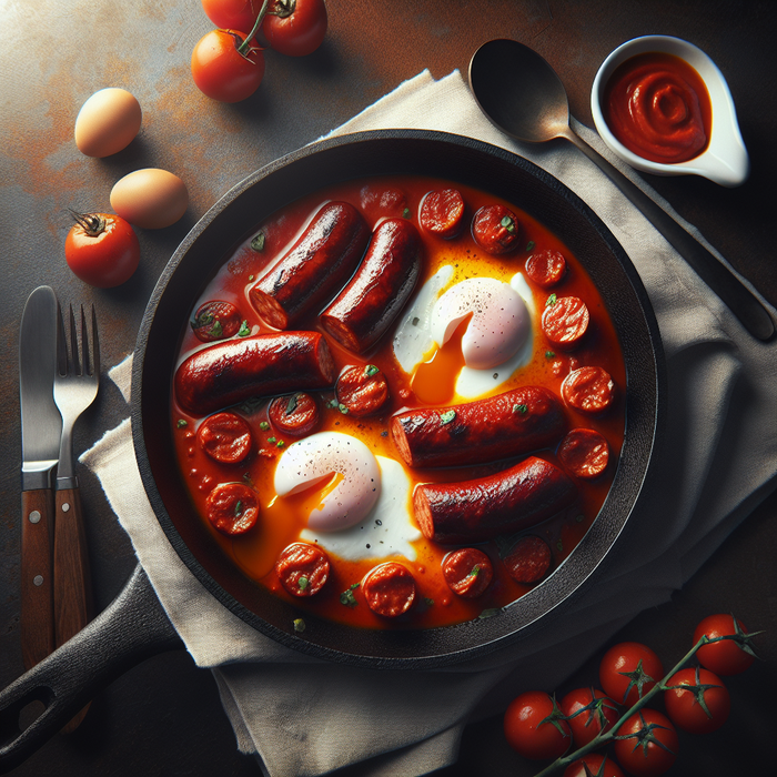 Merguez sausage simmered in spiced tomato sauce with eggs in a pan