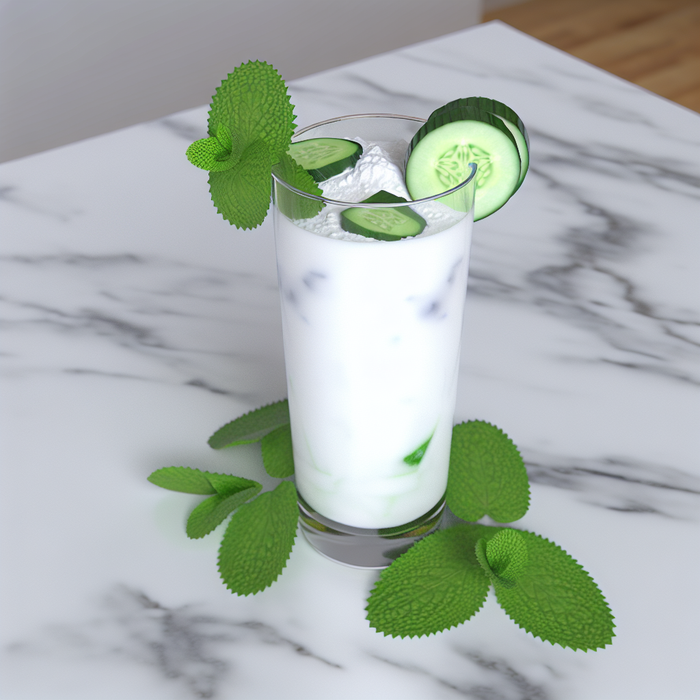A glass of ayran garnished with cucumber and mint on a marble surface