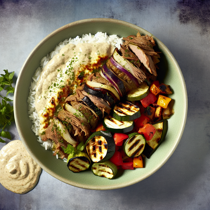 Lamb shawarma served over rice with grilled vegetables and tahini sauce